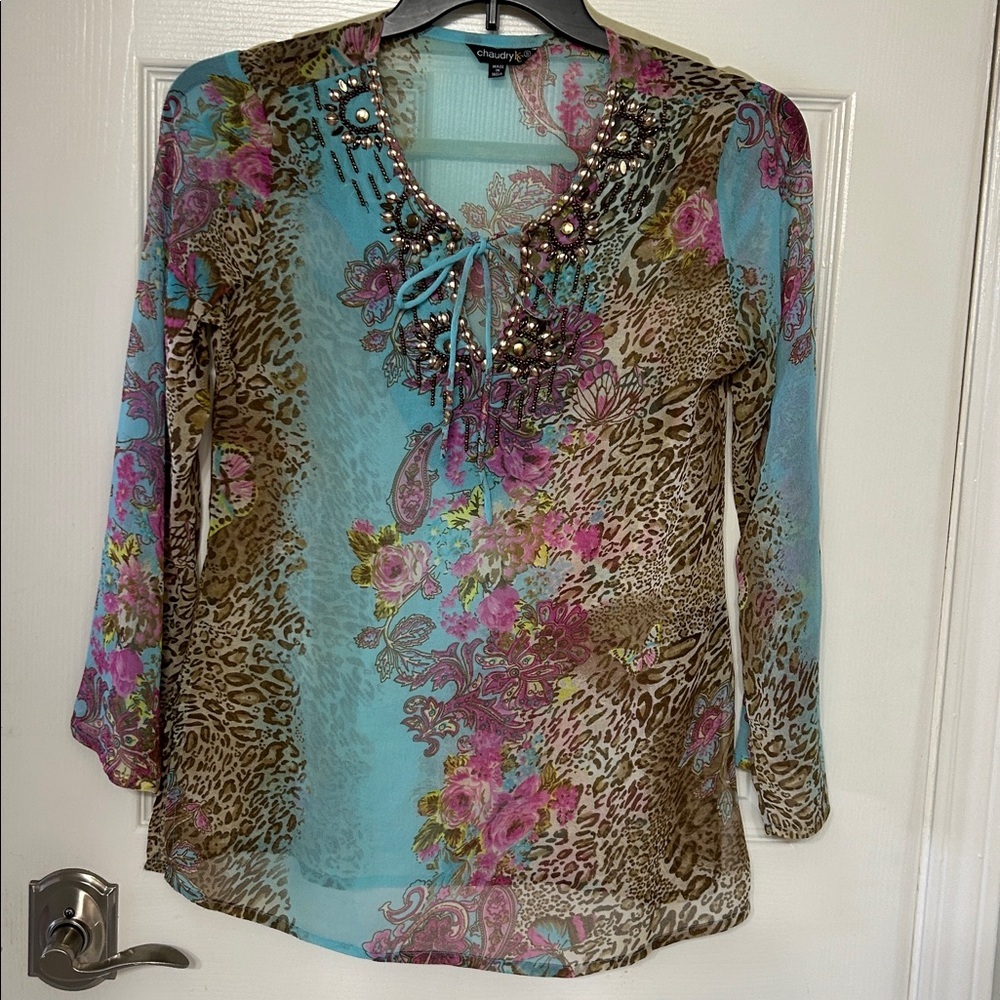 Chaudry KC Boho Blouse, animal print floral  Multi-color, Size S beaded sheer